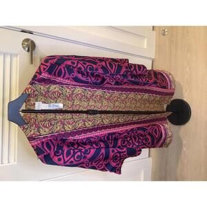 Chico's Reversible Pink Navy Kimono Top Jacket Duster Gold Baroque Print  0